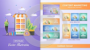 Content marketing material set. Get cashback from online shopping. Reward program for loyal customers. Including Landing page,