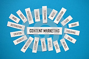 CONTENT MARKETING paper tag cloud on blue background