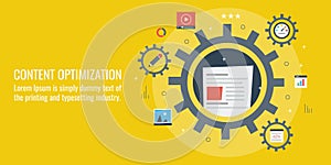 Content optimization, search engine marketing, seo, content development for search engine concept. Flat design vector banner.