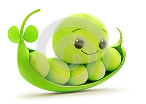 Content pea character cradled in its pod with clover-like sprout