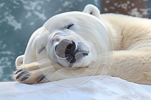 Content polar bear snoozes, paw shielding eyes from bright rays