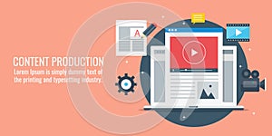 Content production, development, blogging, video content, article writing concept. Flat design vector illustration.