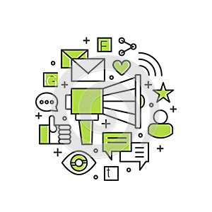 Content Promotion and Advertising Process. Loudspeaker or Megaphone with E-Mail Marketing and User Friendly Notifications photo