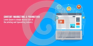 Content promotion, marketing, content development, social media, digital content marketing concept. Flat design vector banner.