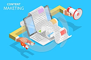 Content strategy isometric flat vector concept illustration.