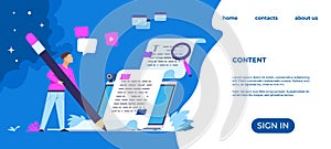 Content writer landing page. Blog articles and media creation concept, online freelance journalist. Vector web pag photo
