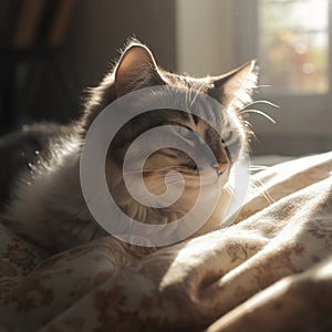 Contented American Curl on Soft Blanket in Sunbeam