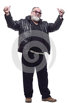 contented bearded man in a black jacket giving a thumbs up.