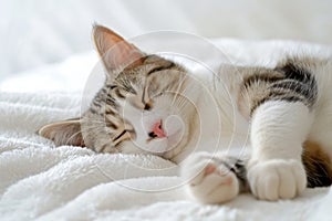 Contented Cat Lounging On A Pristine White Backdrop, Radiating Joy
