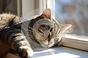 Contented Cat Naps Lazily, Basking In Sunlit Windowsill Pure Feline Bliss