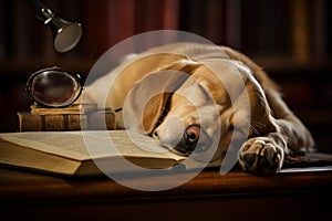Contented Dog asleep reading. Generate Ai