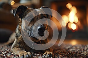 A contented dog peacefully lies on the soft carpet near a warmly crackling fireplace in the cozy living room