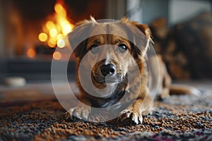 A contented dog peacefully lies on the soft carpet near a warmly crackling fireplace in the cozy living room