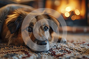 A contented dog peacefully lies on the soft carpet near a warmly crackling fireplace in the cozy living room