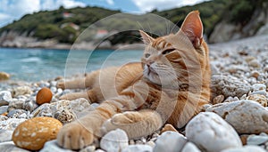 Contented ginger cat lounging on a pebbly beach with a seascape background