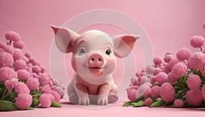 Contented Piglet with Pom-Pom Flowers