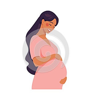 A contented pregnant woman in a pink dress tenderly holds her belly, a moment of maternal bonding and anticipation. Flat