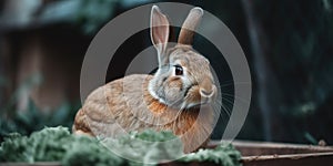 A contented rabbit munching on a carrot in its hutch in the backyard, concept of Fulfillment, created with Generative AI