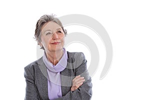 Contented senior lady - elder woman isolated on white background