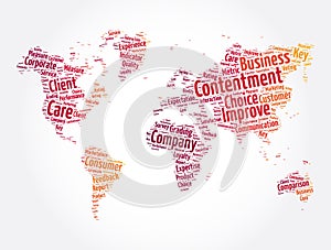 Contentment word cloud in shape of world map, concept background