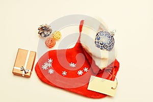 Contents of christmas stocking. Christmas celebration. Christmas sock white background top view. Small items stocking