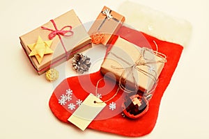 Contents of christmas stocking. Christmas celebration. Small items stocking stuffers or fillers little christmas gifts