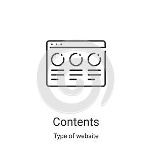 contents icon vector from type of website collection. Thin line contents outline icon vector illustration. Linear symbol for use
