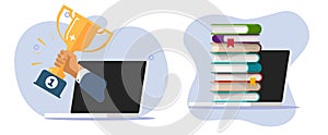 Contest digital award reward winner vector icon on laptop computer online graphic, virtual internet library ebook books stack pile