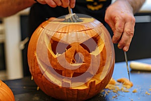 contestant carving a pumpkin with a dramatic facial expression photo
