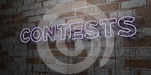 CONTESTS - Glowing Neon Sign on stonework wall - 3D rendered royalty free stock illustration photo