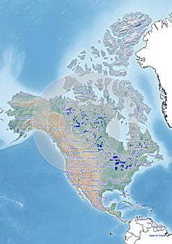 Continent of North America Illustration with the biggest lakes