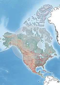 Continent of North America Illustration with railroads