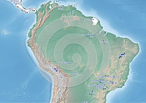 The continent of South America Illustration with the biggest lakes in North