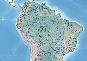 The continent of South America Illustration with the main rivers in North