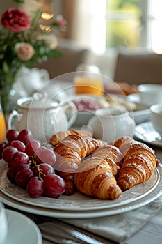 A continental breakfast on an elegant table, featuring croissants, grapes, and a pot of coffee or tea