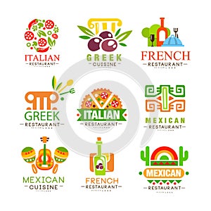Continental cuisine logo design set, Italian, Greek, French, Japanese, Mexican authentic traditional continental food