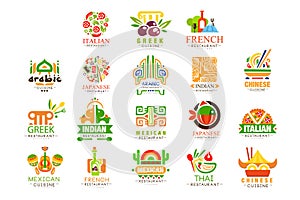 Continental cuisine logo design set, Italian, Greek, French, Japanese, Mexican authentic traditional continental food