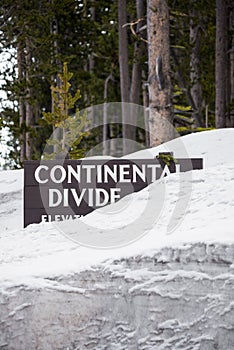 Continental divide sign on mountain in snow - Yellowstone Nation