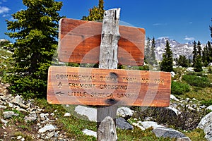 Continental Divide Trail sign in Wind Rivers Range Wyoming along Continental Divide Trail No. 094, Fremont Crossing, Seneca Lake,