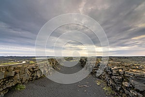 Continental drift between Europe and North America on Reykjanes Peninsula at Midlina Bridge, Sudurnes, Iceland