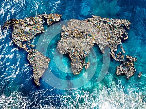 Continents earth are made up of garbage, surrounded by ocean water. Concept environmental pollution with plastic and