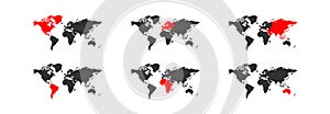 Continents map. Vector world globe illustration. Red and black icon set Asia, America, Europe, Africa and Australia