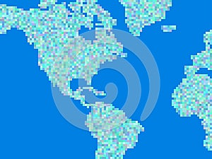 Continents of planet earth in pixel art style. Pixel map of North America, South America and Africa. Retro 8 bit graphics for