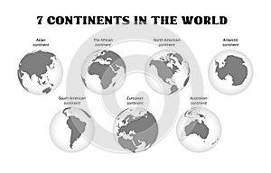 7 continents in the world with white background