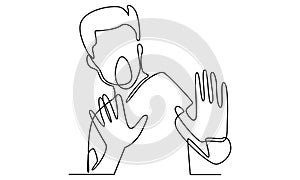 Continue line of man showing palm as stop sign, stay, hold or rejection gesture