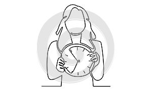 Continue line of woman holding clock, time management deadline concept