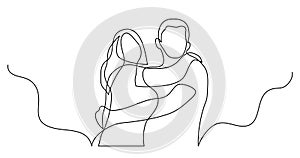 Continuous line drawing of happy couple of man and woman hugging each other
