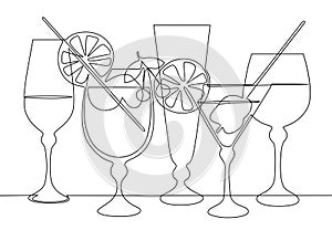 Continuous black line drawing of wine glasses of different sizes and shapes with wines and cocktails isolated on white