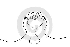 Continuous drawing line art of heart in hands. Hand drawn one line. Concept of volunteering, charity and donation. Give and share