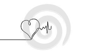 Continuous drawing line art of love heartbeat symbol with black line and white background. One line